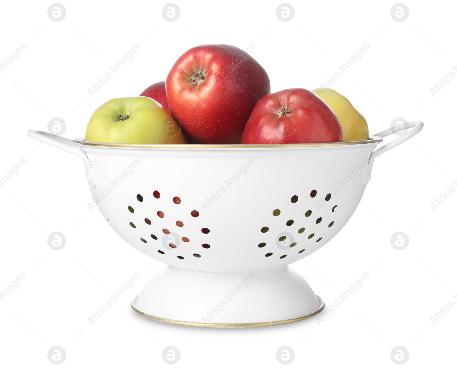 Photo of Colander with fresh apples isolated on white