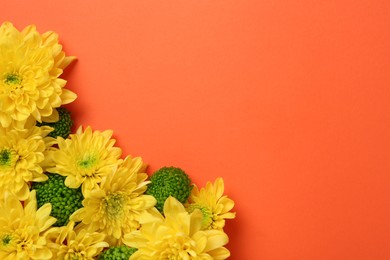 Photo of Beautiful chrysanthemum flowers on orange background, flat lay. Space for text