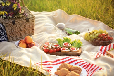 Picnic blanket with different snacks and wine outdoors