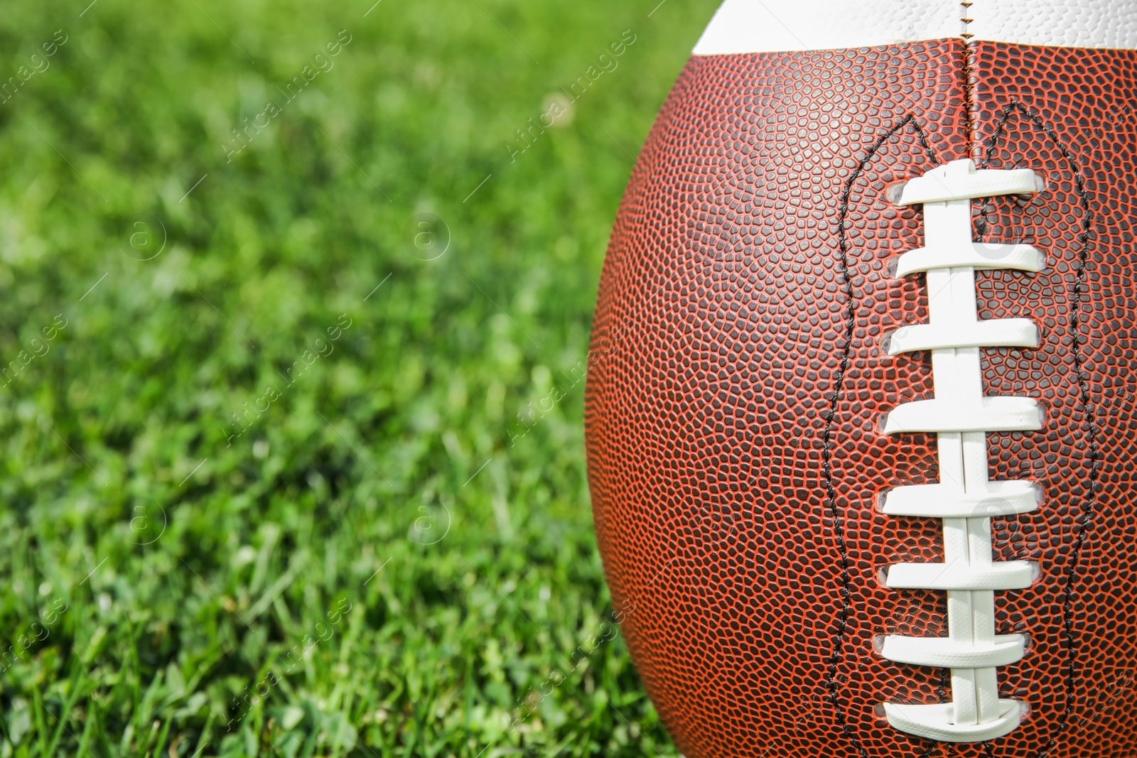 Photo of Ball for American football on fresh green field grass, closeup. Space for text