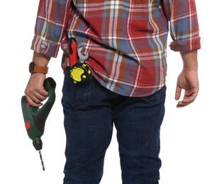 Photo of Man with power drill on white background, closeup