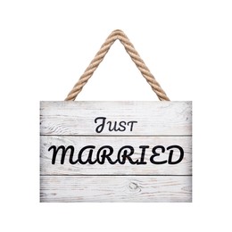 Image of Honeymoon. Wooden board with words Just Married on white background