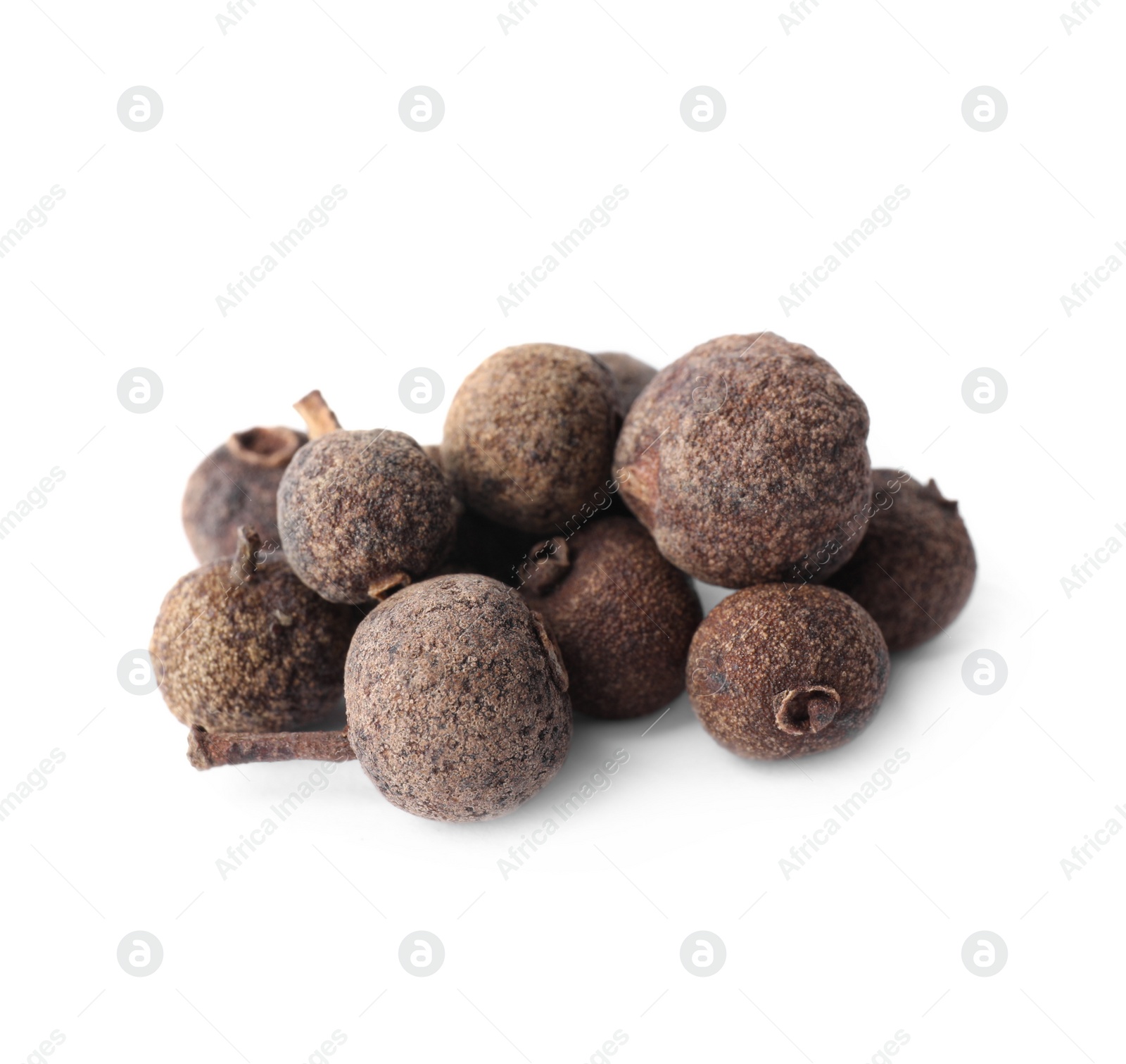 Photo of Spicy black pepper grains isolated on white