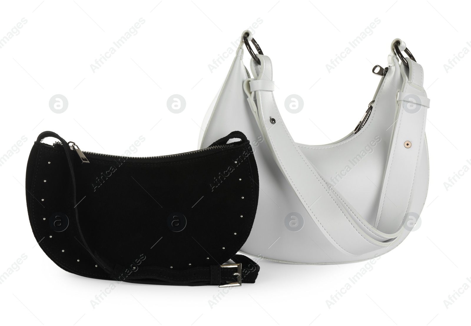 Photo of Elegant women's hobo bags on white background