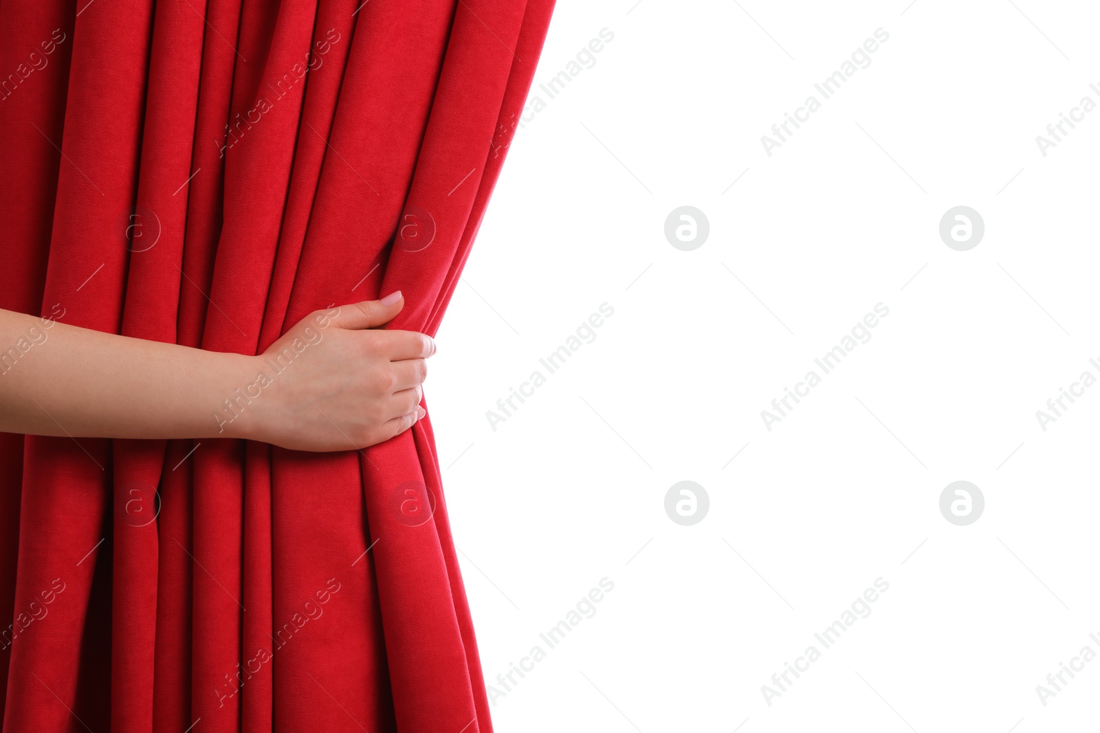 Photo of Woman opening red front curtains on white background, closeup