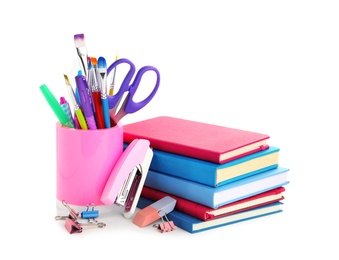 Set of colorful school stationery on white background