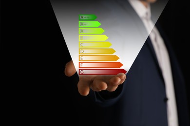 Image of Energy efficiency. Man holding virtual colorful rating against black background, closeup