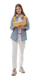 Teenage student with backpack, book and headphones on white background