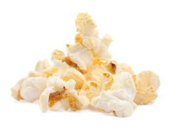 Photo of Fresh popcorn isolated on white. Tasty snack