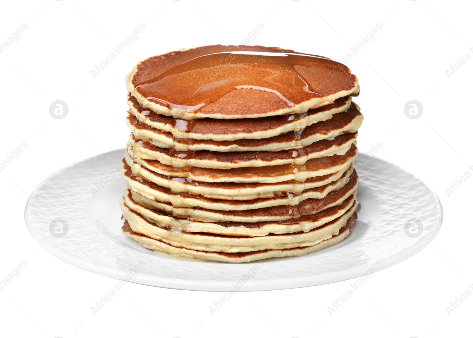 Photo of Stack of tasty pancakes with honey on white background