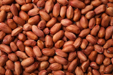 Photo of Many fresh unpeeled peanuts as background, top view