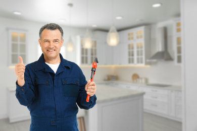 Image of Mature plumber with pipe wrench in kitchen, space for text