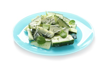 Photo of Plate with delicious cucumber salad on white background