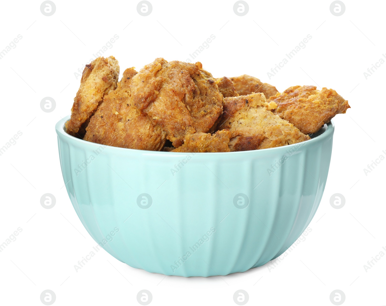 Photo of Delicious cooked soy meat in bowl on white background