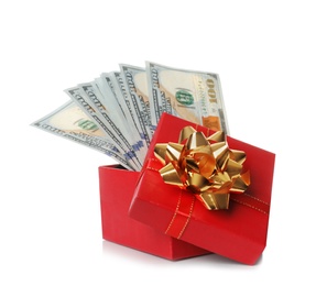 Photo of Gift box with dollar banknotes on white background