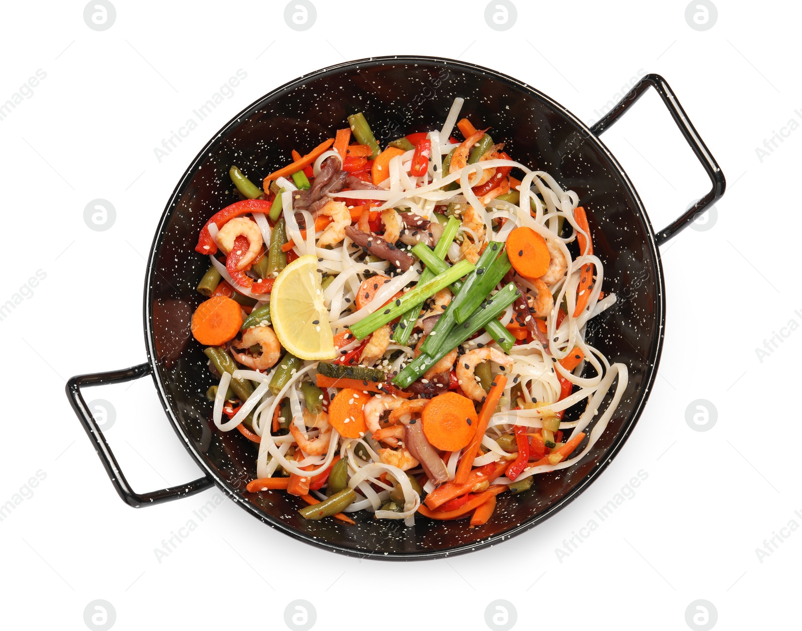 Photo of Shrimp stir fry with noodles and vegetables in wok isolated on white, top view
