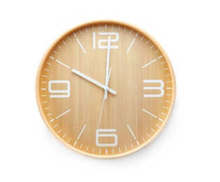 Photo of Modern clock on white background. Time management