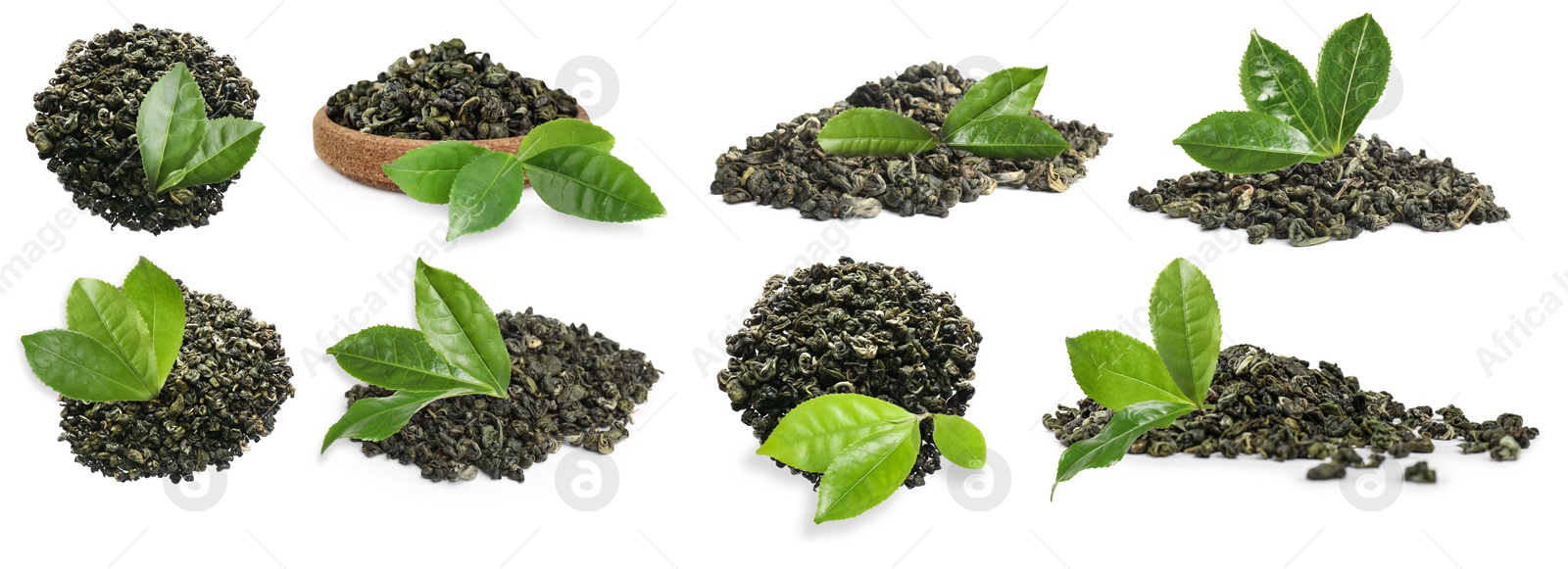 Image of Dry green tea and fresh leaves on white background, collage. Banner design 