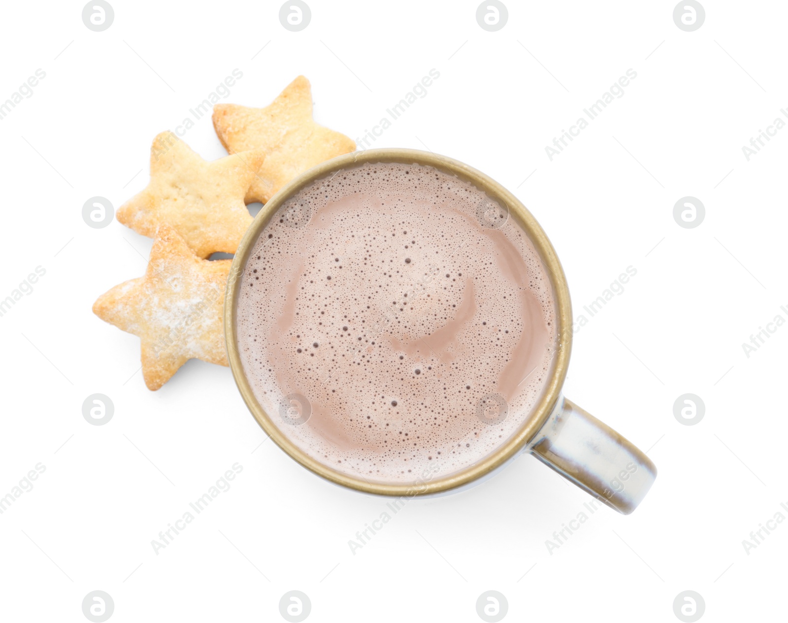 Photo of Delicious cocoa in cup and cookies on white background, top view