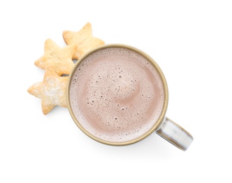 Photo of Delicious cocoa in cup and cookies on white background, top view