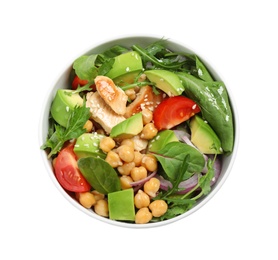 Delicious salad with chicken, avocado and chickpeas on white background, top view