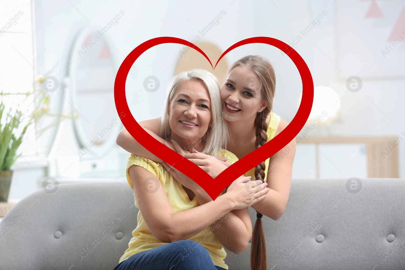 Image of Illustration of red heart and mother with her adult daughter spending time together at home