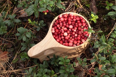 Photo of Many ripe lingonberries in wooden cup outdoors, above view