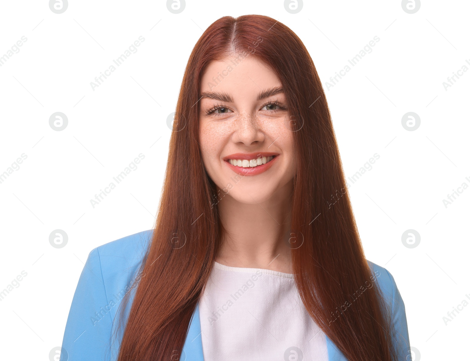 Photo of Portrait of smiling businesswoman on white background