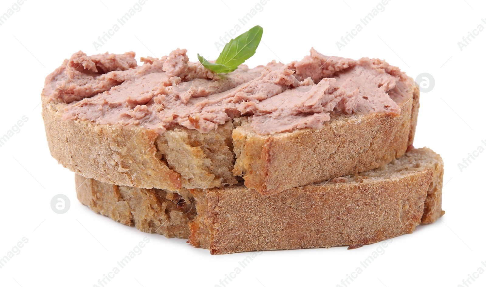 Photo of Delicious liverwurst sandwich with basil isolated on white