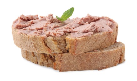 Photo of Delicious liverwurst sandwich with basil isolated on white