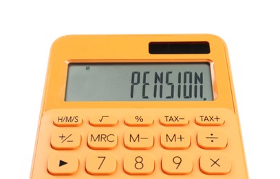 Photo of Orange calculator isolated on white. Office stationery