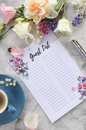 Photo of Guest list, coffee, pen and beautiful flowers on light textured table, flat lay. Space for text