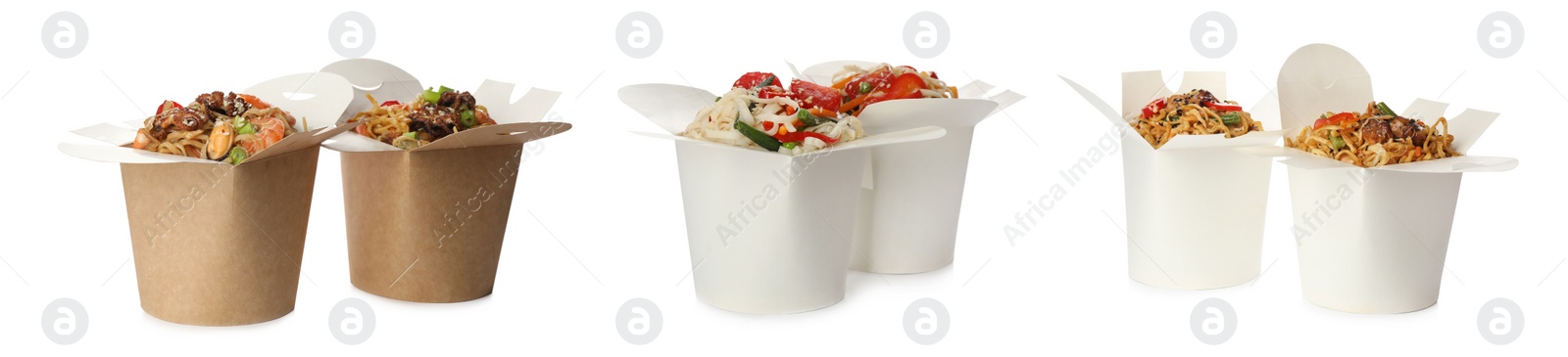 Image of Set with boxes of tasty wok noodles on white background. Banner design