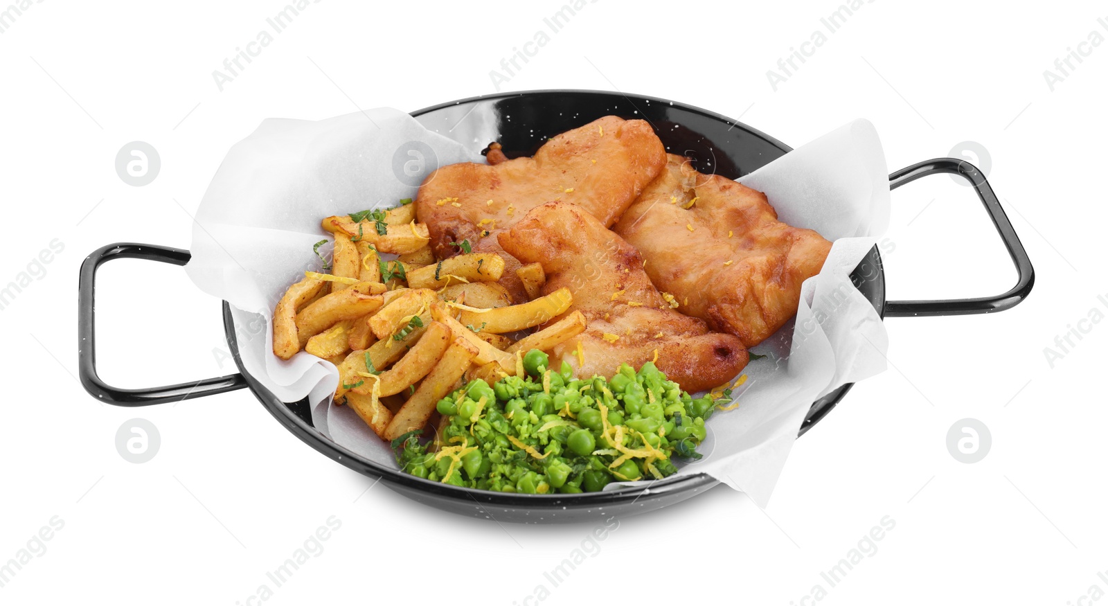 Photo of Tasty fish, chips and peas isolated on white