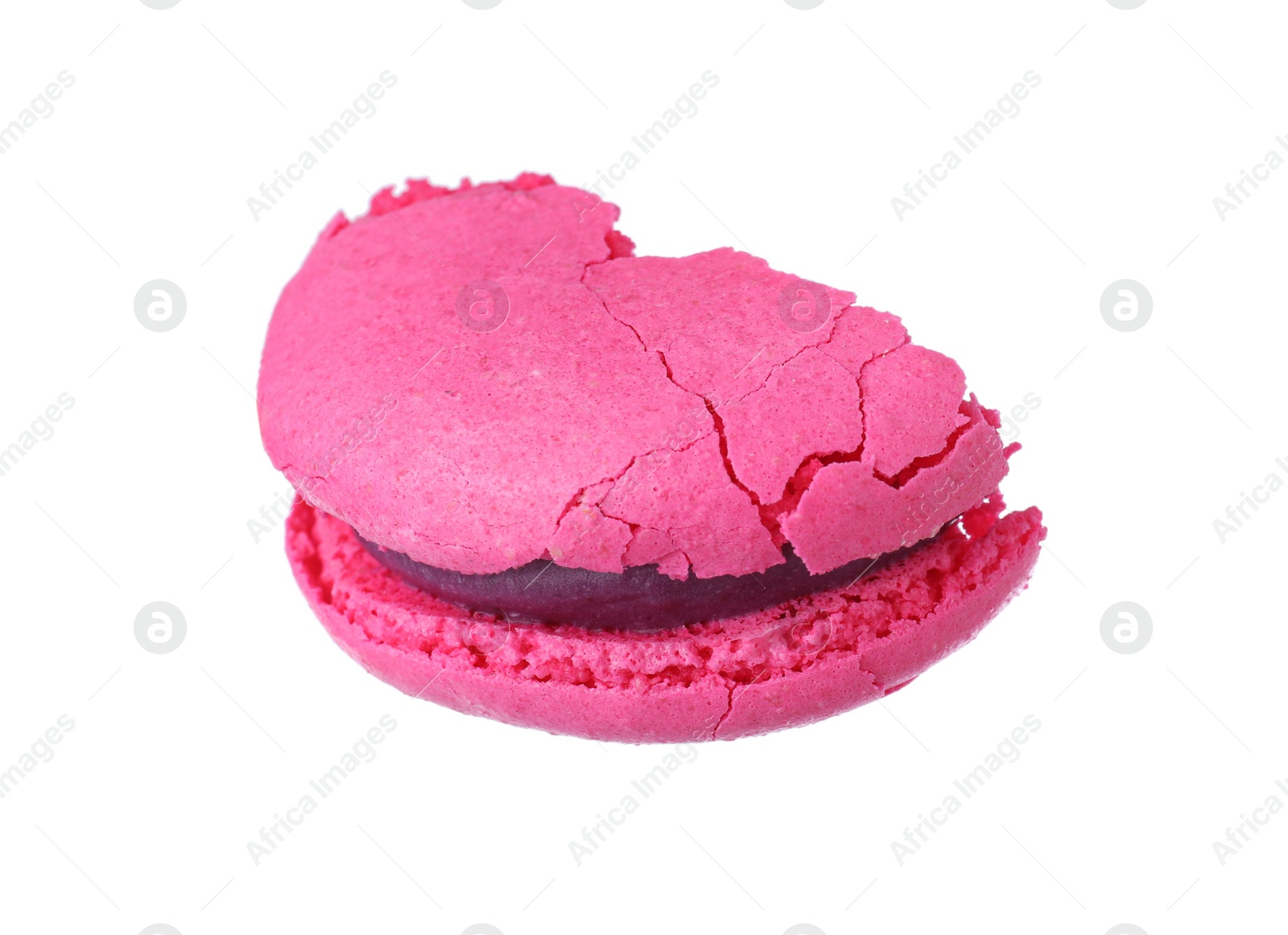 Photo of Half of bright pink macaron isolated on white