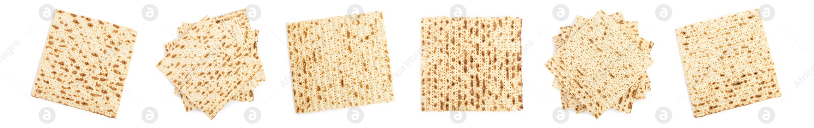 Image of Set with Passover matzos on white background, top view. Pesach celebration