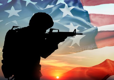 Image of Veterans Day. Silhouette of military man on sunset outdoors and flag of USA, double exposure