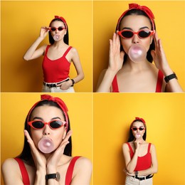 Collage with photos of woman blowing bubblegum on yellow background