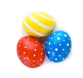 Photo of Decorated Easter eggs on white background, top view. Festive tradition