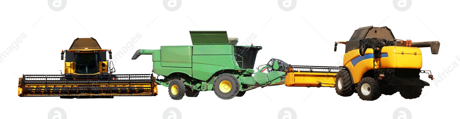 Image of Set of different agricultural machinery on white background. Banner design 