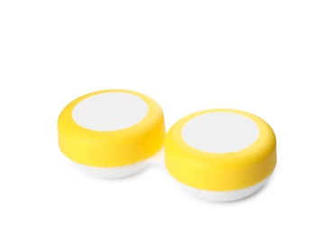 Container with contact lenses on white background. Medical item