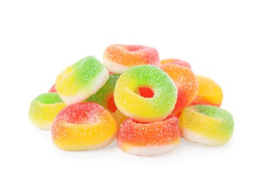 Pile of tasty colorful jelly candies on white background