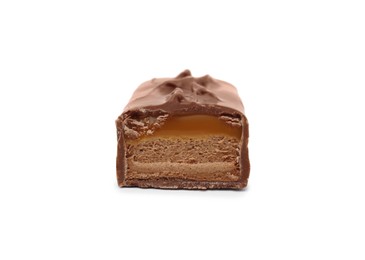 Photo of Piece of sweet tasty chocolate bar on white background