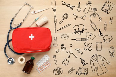 First aid kit and different images on light wooden table, flat lay