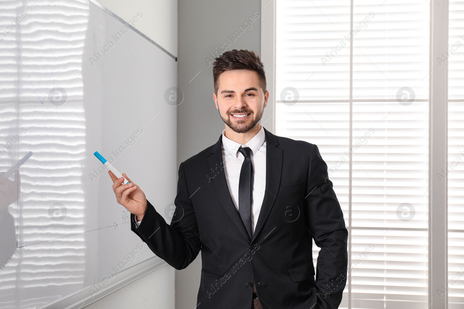 Photo of Professional business trainer near whiteboard in office