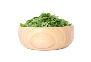 Photo of Chopped parsley leaves in wooden bowl isolated on white