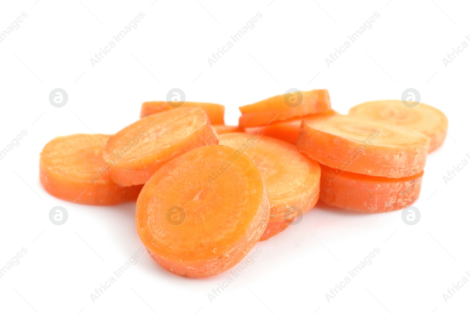 Photo of Slices of fresh ripe carrot on white background