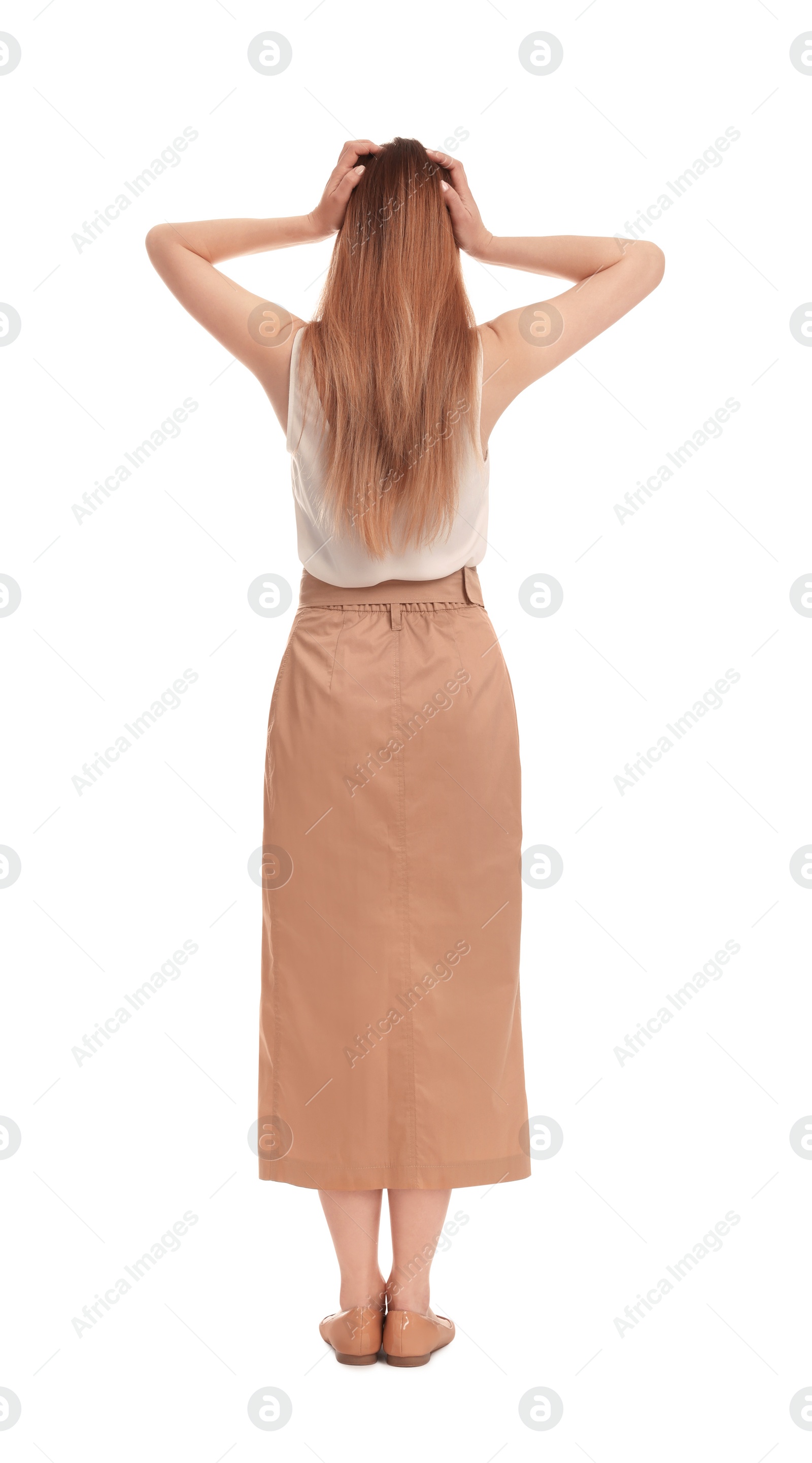 Photo of Businesswoman standing on white background, back view