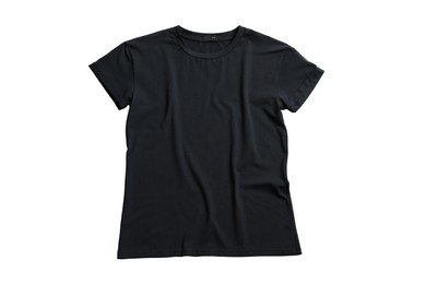 Stylish black t-shirt on white background, top view