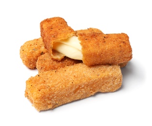 Pile of tasty cheese sticks isolated on white